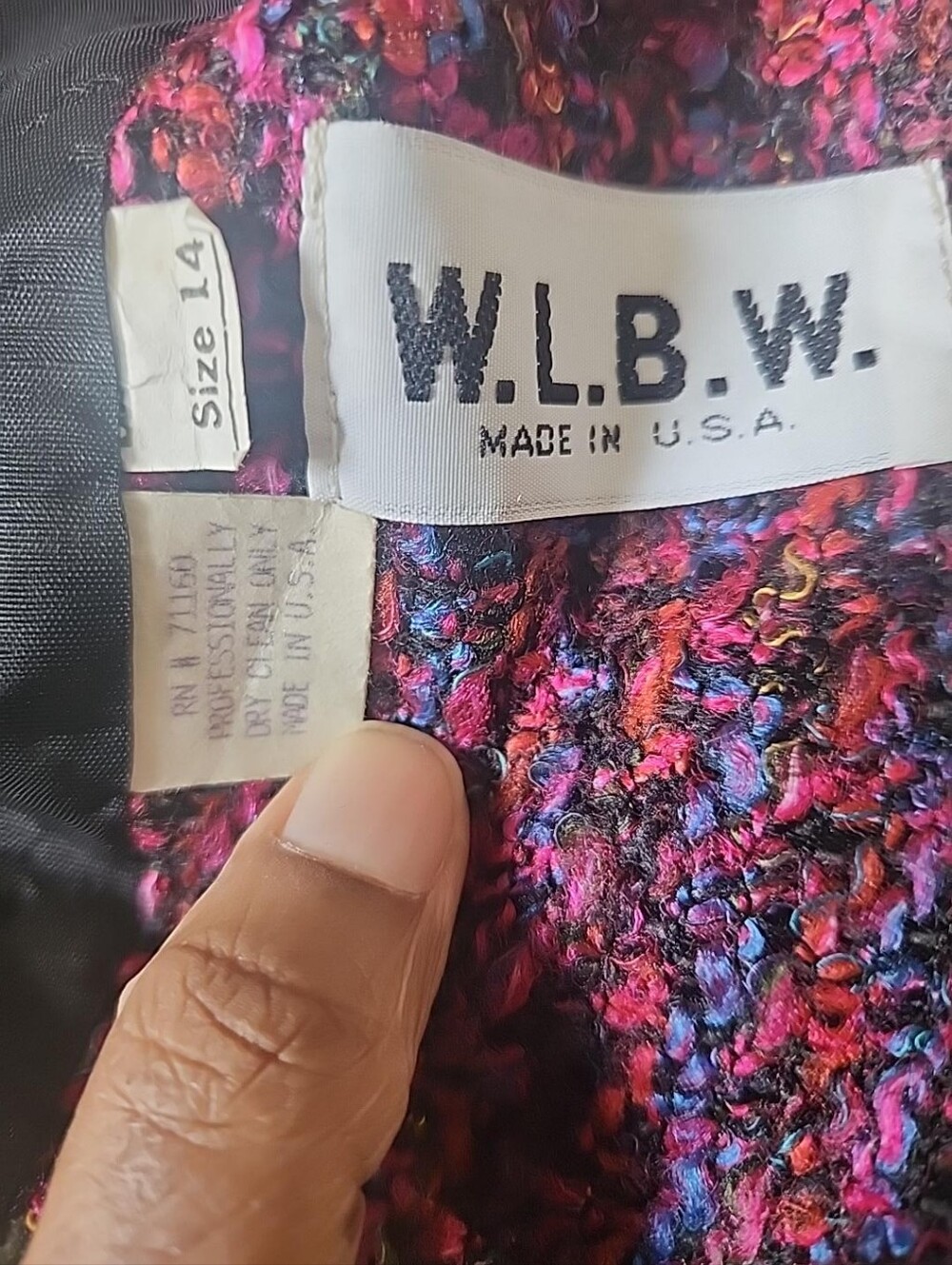 Vintage W.L.B.W. Boucle Knit Power Blazer Pink Purple Shoulder Pads 14